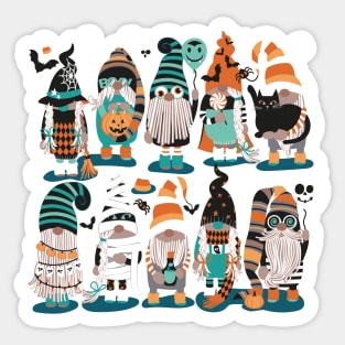 Boo-tiful gnomes // spot // dark teal background fun little creatures black grey green mint and orange dressed for halloween Sticker